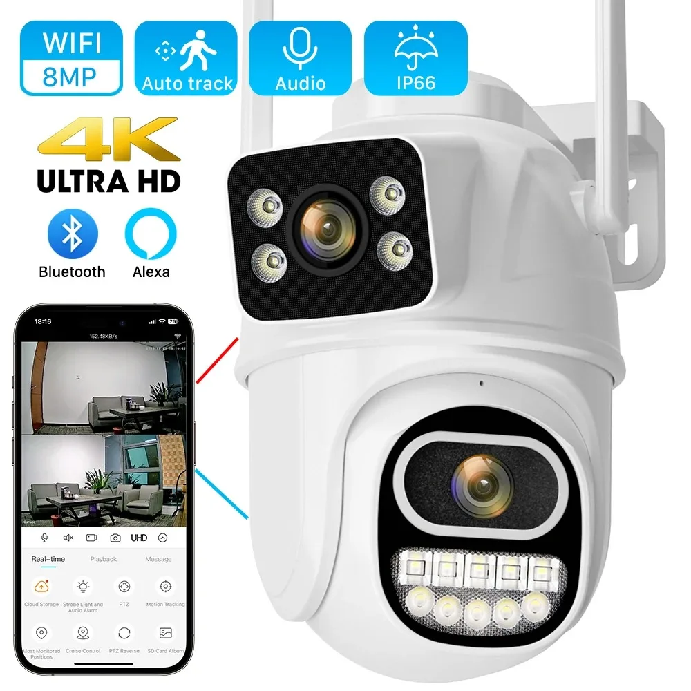 

8MP 4K Wifi PTZ Camera Dual Lens with Dual Screen Ai Human Detect Auto Tracking Wireless Outdoor Surveillance Camera iCSee App