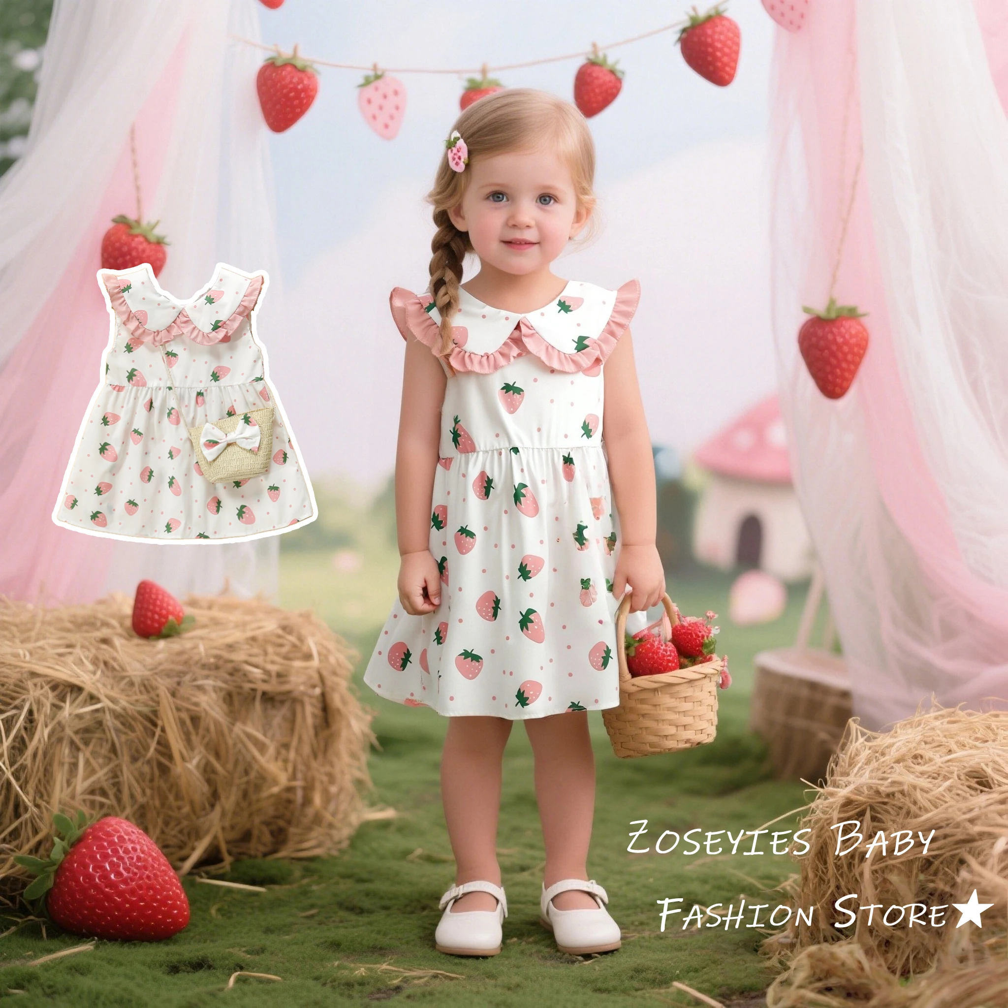 Baby Girl Dress Summer Full Print Strawberry Sleeveless Girl Dress Cute Cotton Baby Dress With Bag Baby Clothes