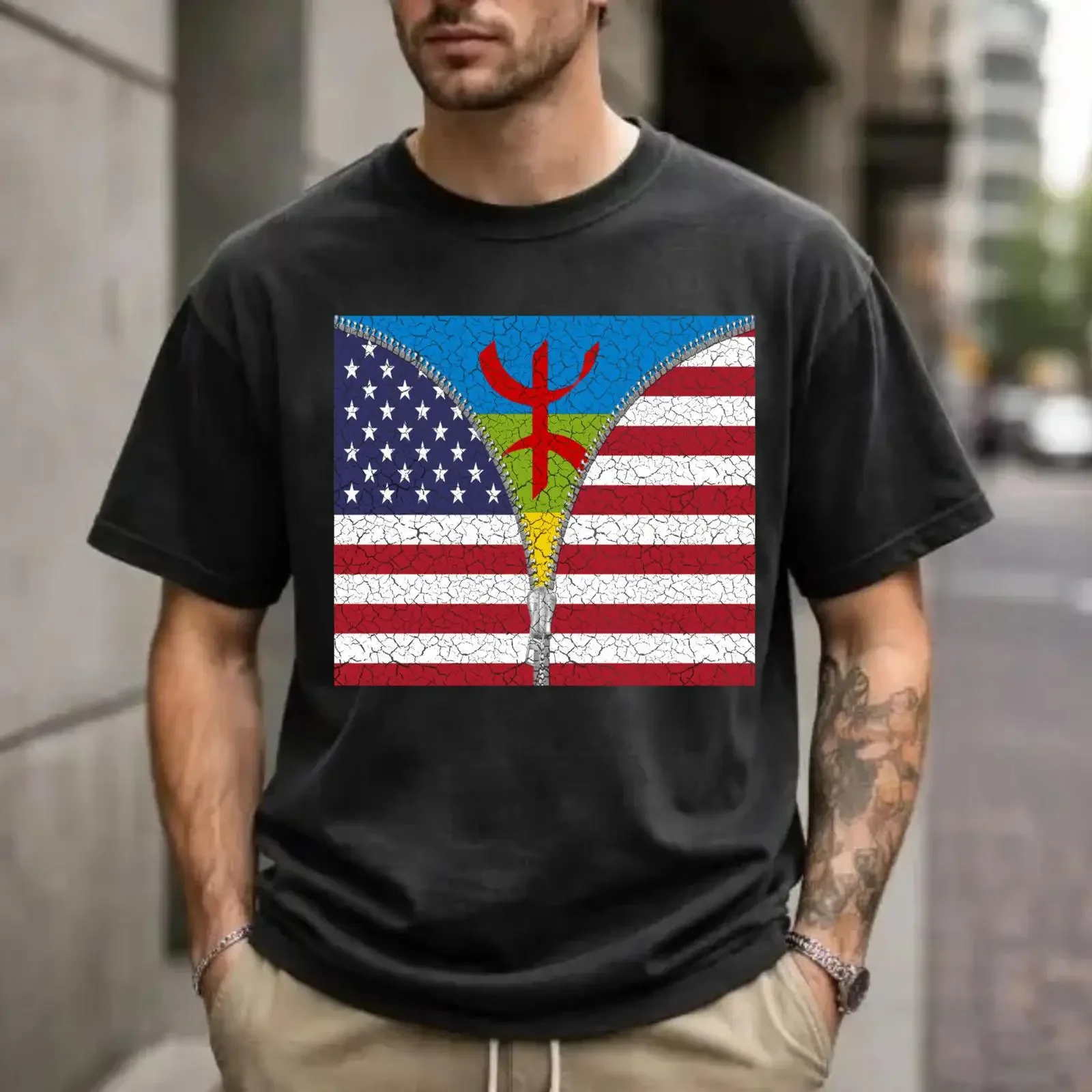 Men's Amazigh Berber American Grown US Flag Zipper Yaz Symbol Casual T Shirt vintage Washed streetwear homme Unisex