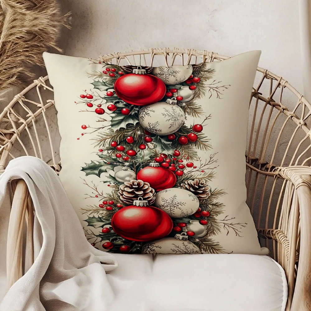 Square Throw Pillow Case Beige Vintage Christmas Baubles Holly Berries Pinecones Pattern For Living Room Sofa Bedroom Home Decor