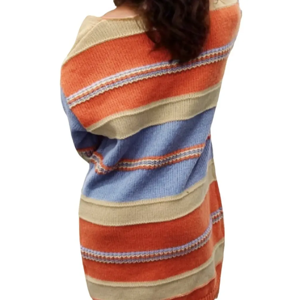 Vestido suéter de punto de talla grande para mujer Otoño Invierno estilo europeo americano de manga larga ajuste suelto con rayas de contraste