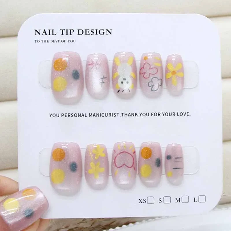 10Pcs Cartoon Cute Pink Cat Flowers Little Bear Handmade Press on Nails Hand Drawn Lines Star Shaped Hearts Cat's Eye Nail Tips