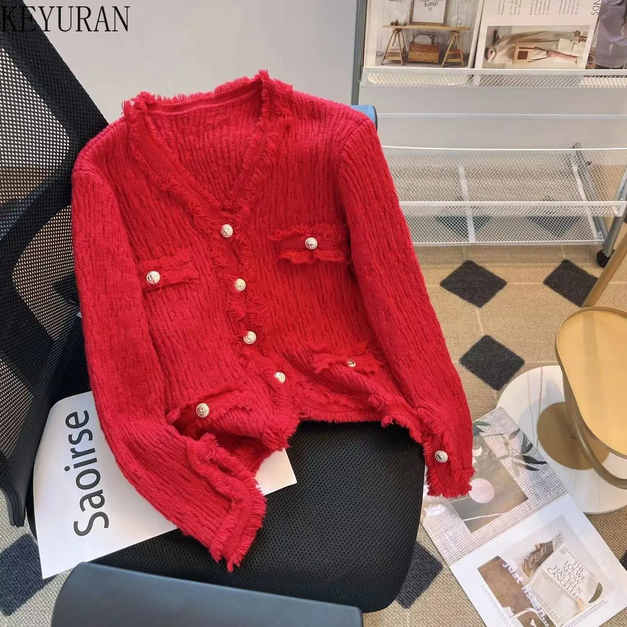 Green Tassel Knitted Cardigans Women Autumn Winter Solid V Neck Korean Fashion Single Breasted Office Lady Women Sweaters Mujer