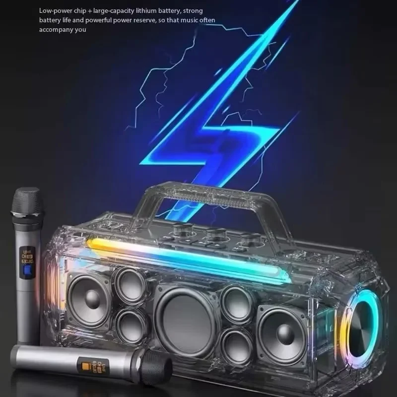 Máquina de karaokê com 2 microfones sem fio, alto-falante Bluetooth de 300 W com luzes LED, suporte para ajuste de graves/acetos para festa