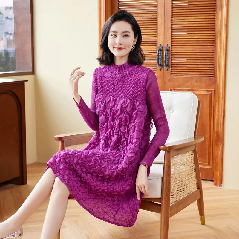 

Women Dress Autumn And Winter New Fashion Patchwork Stand Collar Long Sleeved A Line Dresses Above The Knees