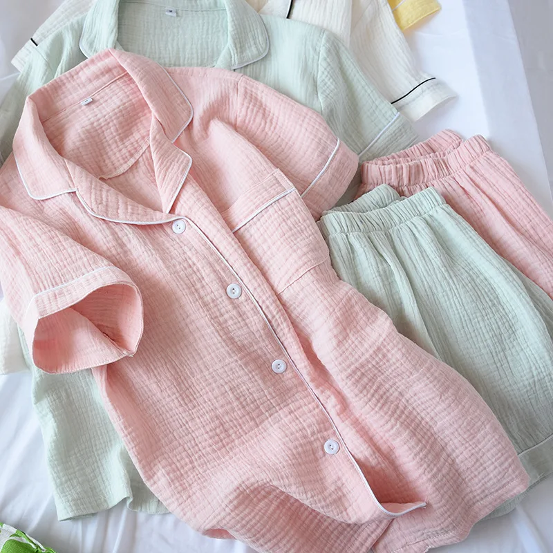 Pijamas cortos de manga corta para hombre y mujer, traje de Casa de algodón liso, varios colores, blanco, rosa, amarillo, verde, Verano