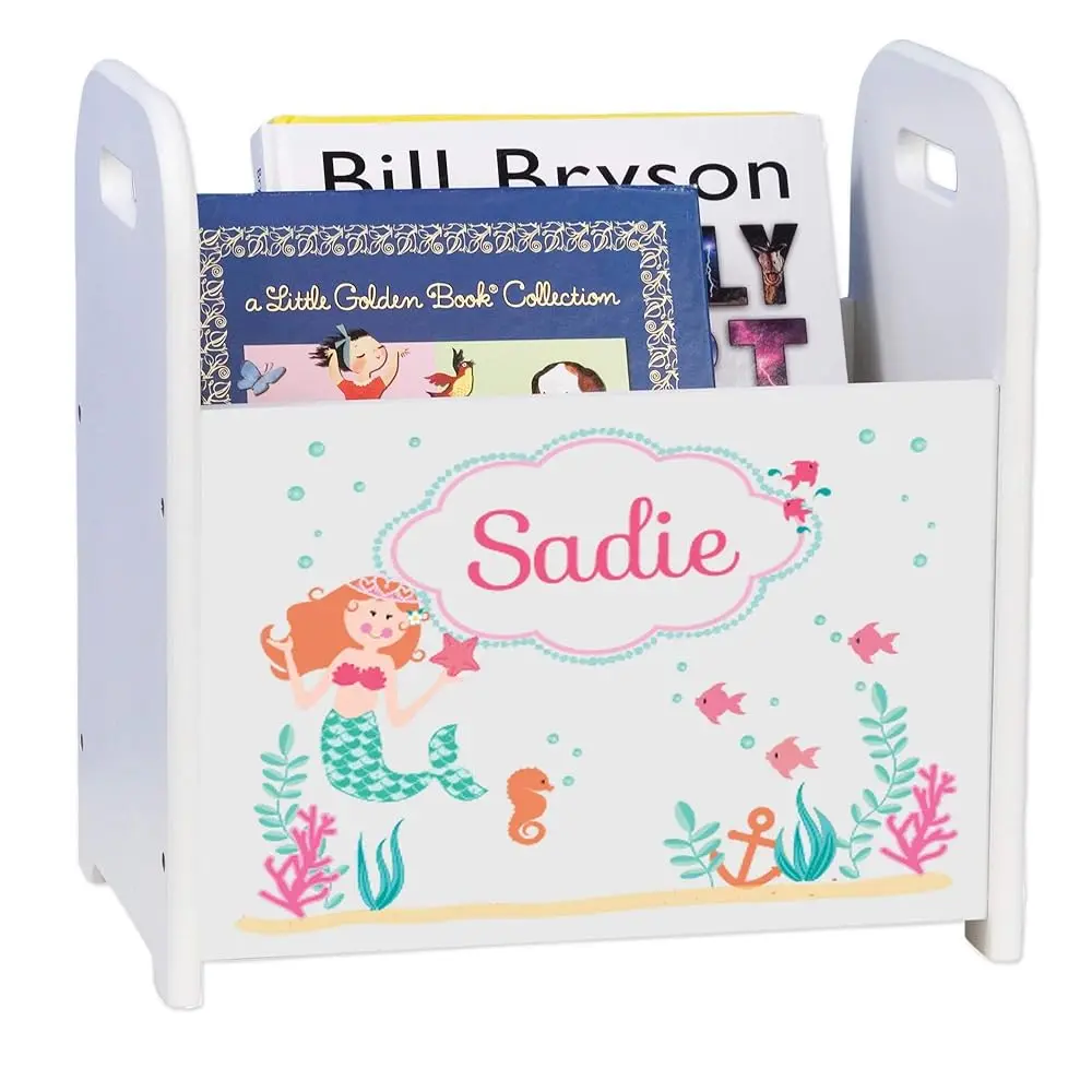 

Personalized African American Mermaid Princ Kids Storage Shelf Organizer Baby Room White Bookcase Furniture (Red Hair)