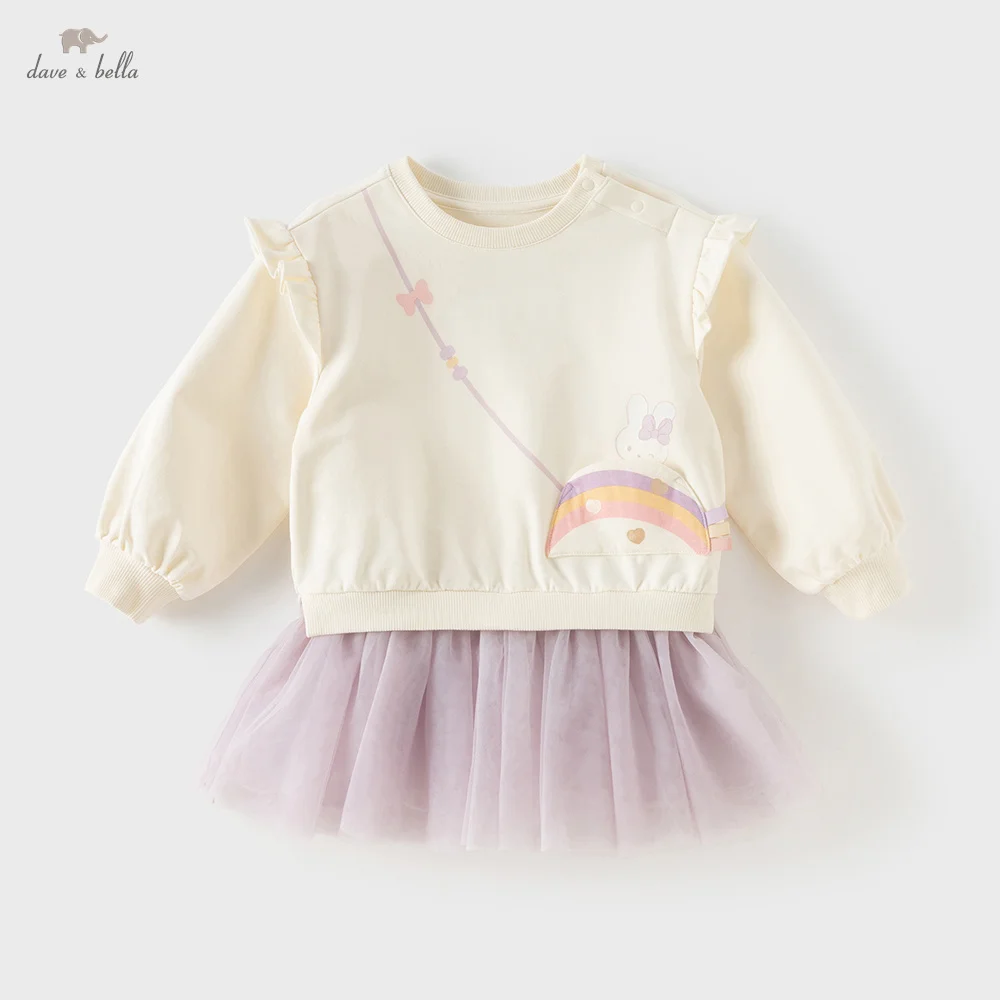 Dave Bella Children One-piece Dress Girls Clothes Autumn Spring Baby Mesh Sweatshirt Dresses Rabbit Print Cozy Casual DB1260084