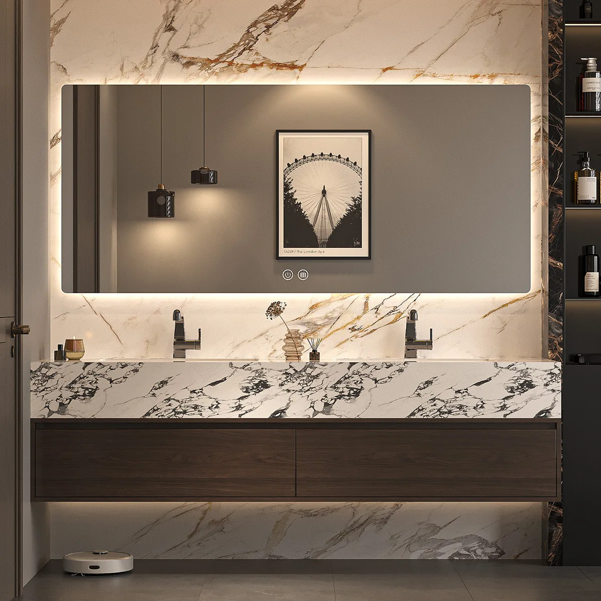 

Luxury Rock Slab Seamless Ceramic Integrated Basin Bathroom Cabinet Mirror Solid Wood Combination Intelligent Hand Washing Basin