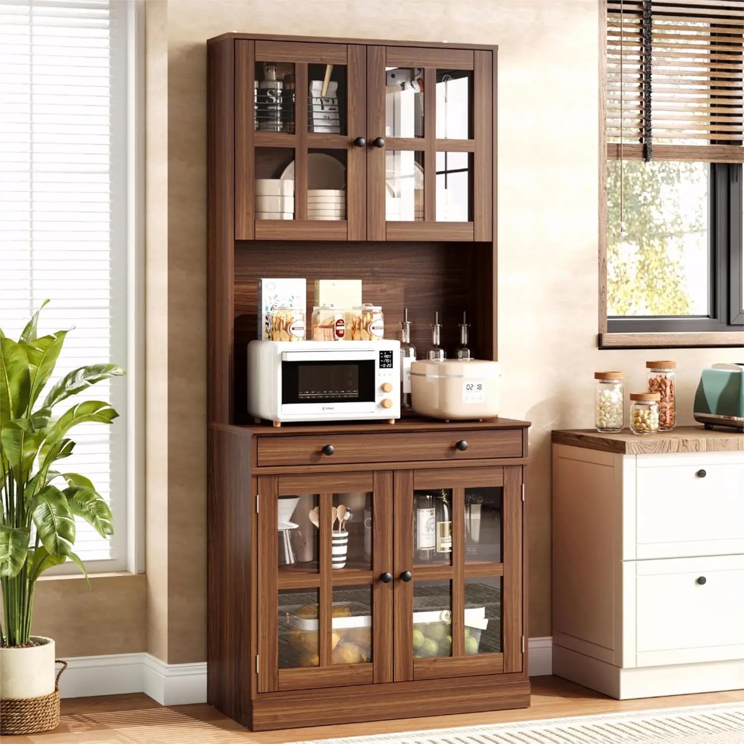 Gabinete de Cocina de 72 Pulgadas con Puertas de Vidrio, Cajón y Estantes Ajustables, Gabinete de Almacenamiento Alto Estilo Rústico, Personalizable