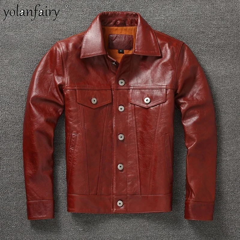 

Leather Jacket Men Genuine New Wine Red Oil Wax Cowhide Short Motorcycle Leather Jackets for Men Slim Coats Jaqueta Masculina Lq