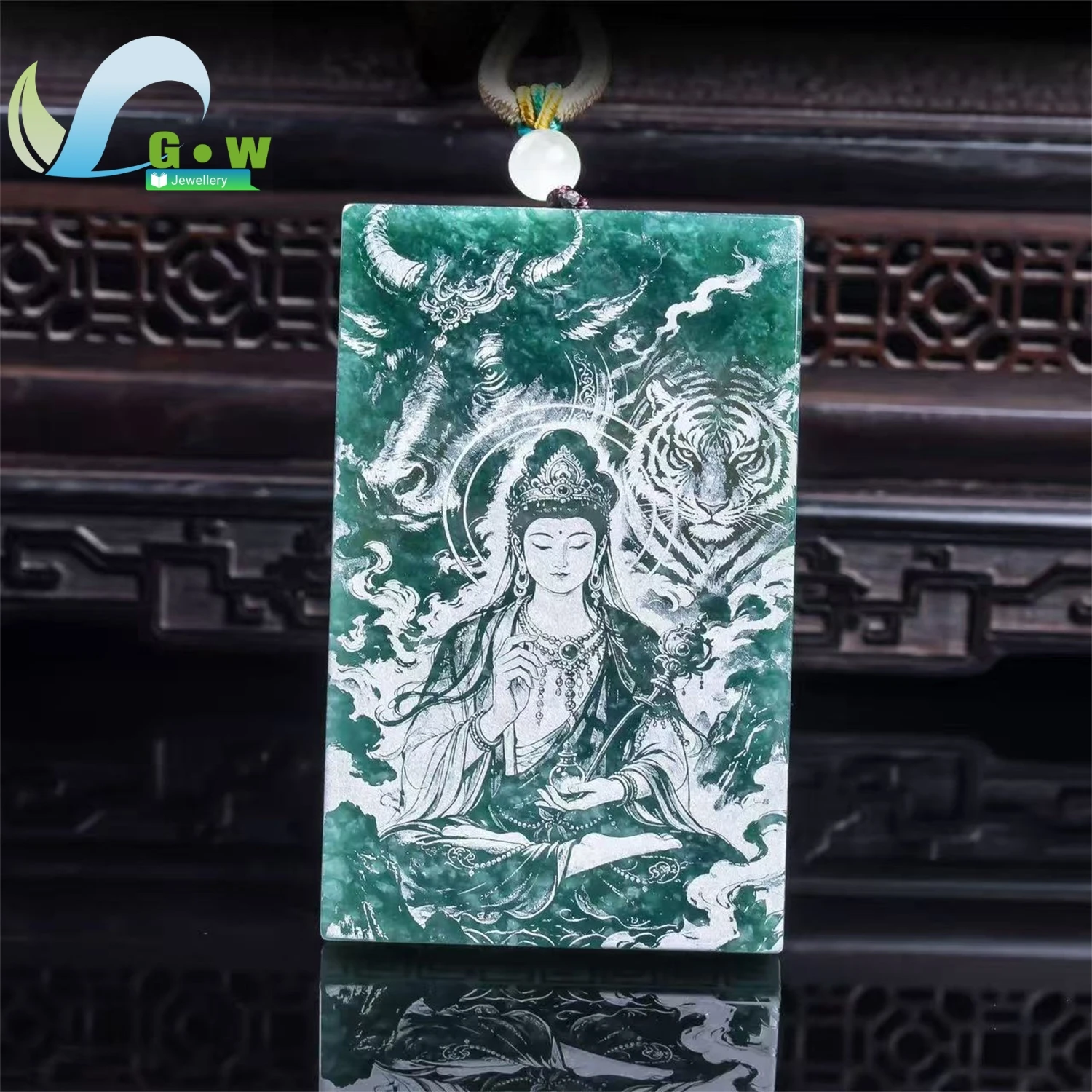 Natural High Ice Jadeite Akashagarbha Bodhisattva Double Sided Shadow Carved Pendant Unisex Fine Jewelry Gift Wisdom Serene