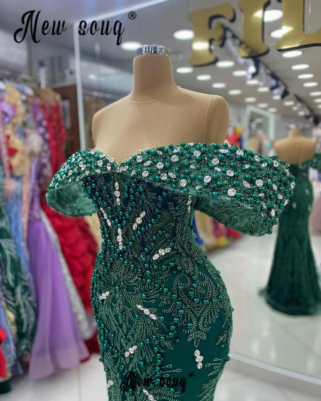 Elegante vestido de noche Formal verde esmeralda con cuentas para mujer, hombros descubiertos, sirena, boda, cena, fiesta, vestidos largos de cóctel