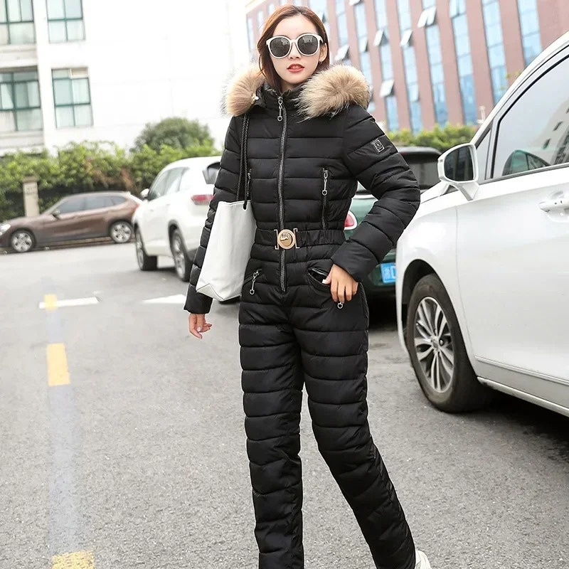 2024 Winter Women's One-piece Ski Suit Down Cotton Suit Slim Hooded Thickened Cotton Suit Fashion Warm And Cold-pro