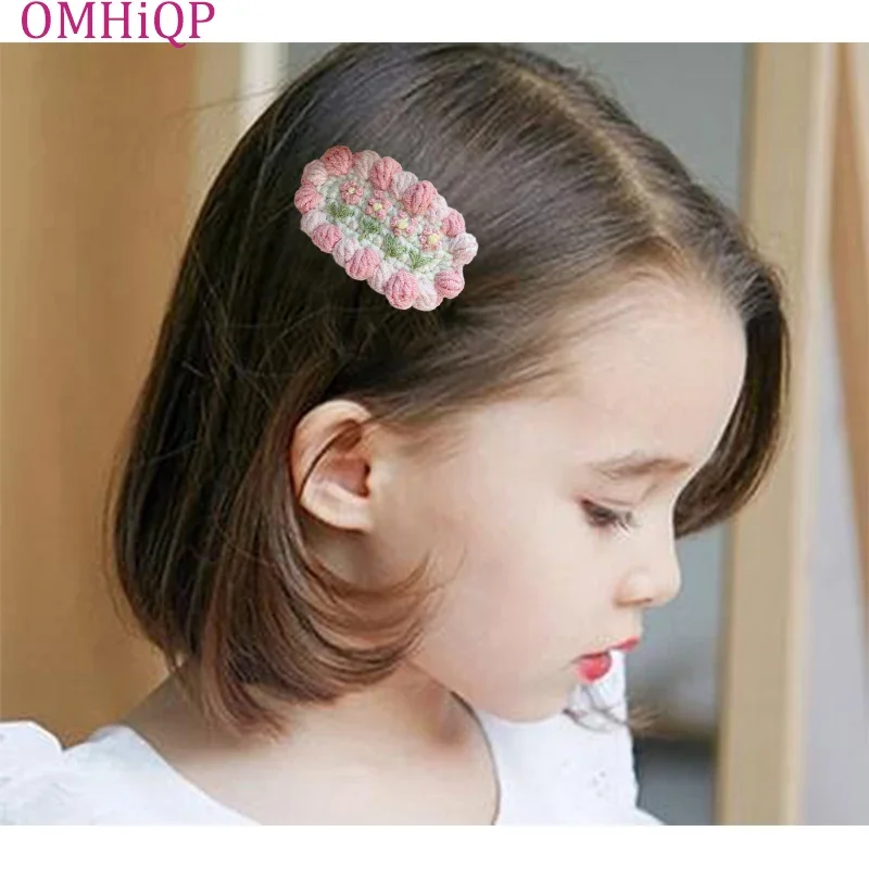 1 Pcs Pink Barrettes Crochet Handmade Wool Embroidery Lovely Colorful Flower Hairpin Side bangs BB Clip Women Hair Accessories