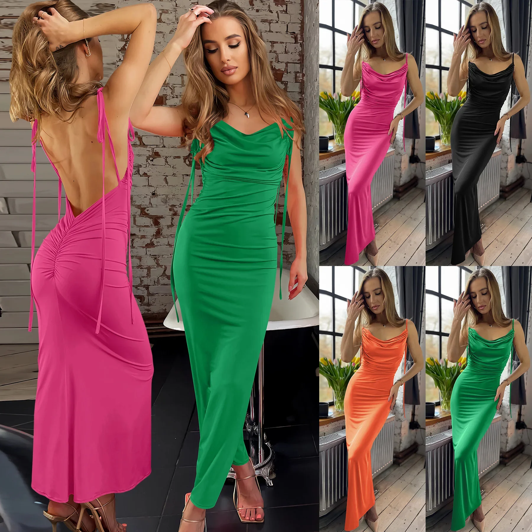 2025 Vestido ajustado Sexy con tirantes plisados y cuello Halter para mujer, vestidos largos de fiesta con cordones y espalda descubierta, Vestido de talla grande 3XS-3XL