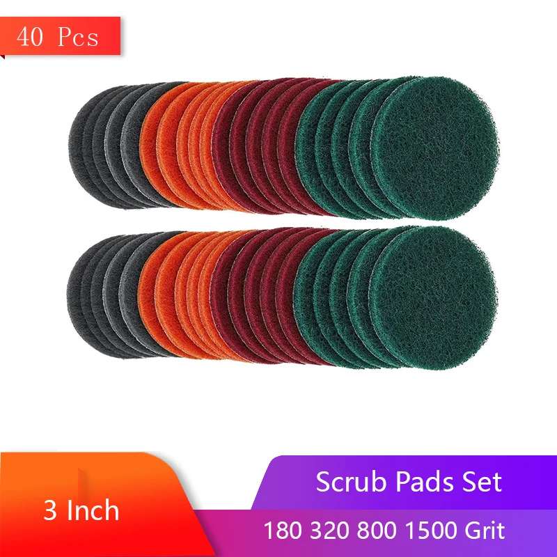 3 inch Scrub Pads Set 40 Pcs Headlight Restoration Kit Hook and Loop Car Hub Cleaning Auto Painting Polishing Sanding Discs