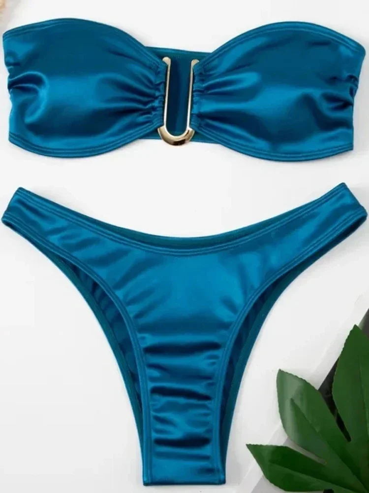 2024 traje de baño para mujer, traje de baño Sexy liso en forma de U, conjunto de Bikini sin tirantes, ropa de playa para mujer, traje de baño de dos piezas para verano, Biquinis