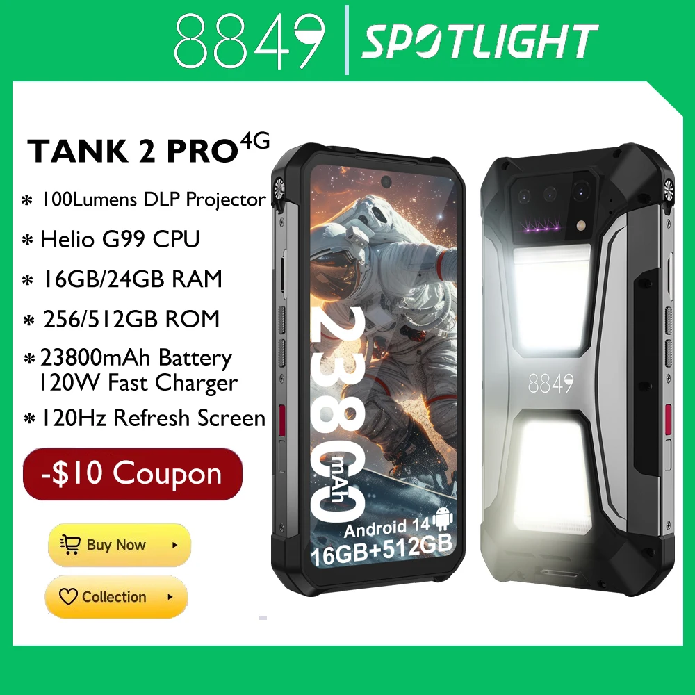 8849 Tank 2 PRO Unihertz Rugged Smartphone 24GB 512GB 100MP Rear Camera 23800mAh 120W Android 14 Dual Sim NFC OTG Cell Phone