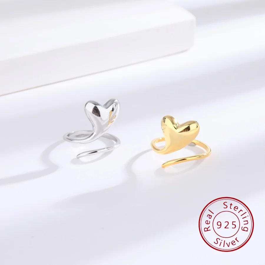 

S925 Sterling Silver Fashion Heart Ring for Women Minimalist Design European & American Light Luxury Style Adjustable Jewelry