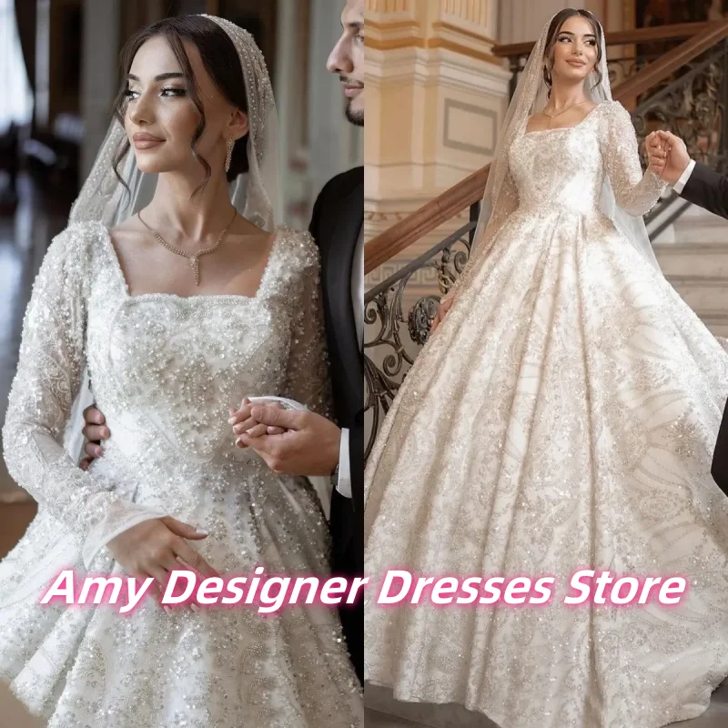 

Graceful Square Collar A-Line Wedding Dress For Arabic Girls Luxury Beaded Long Bride Gowns Vestido De Novia Feamels Customized