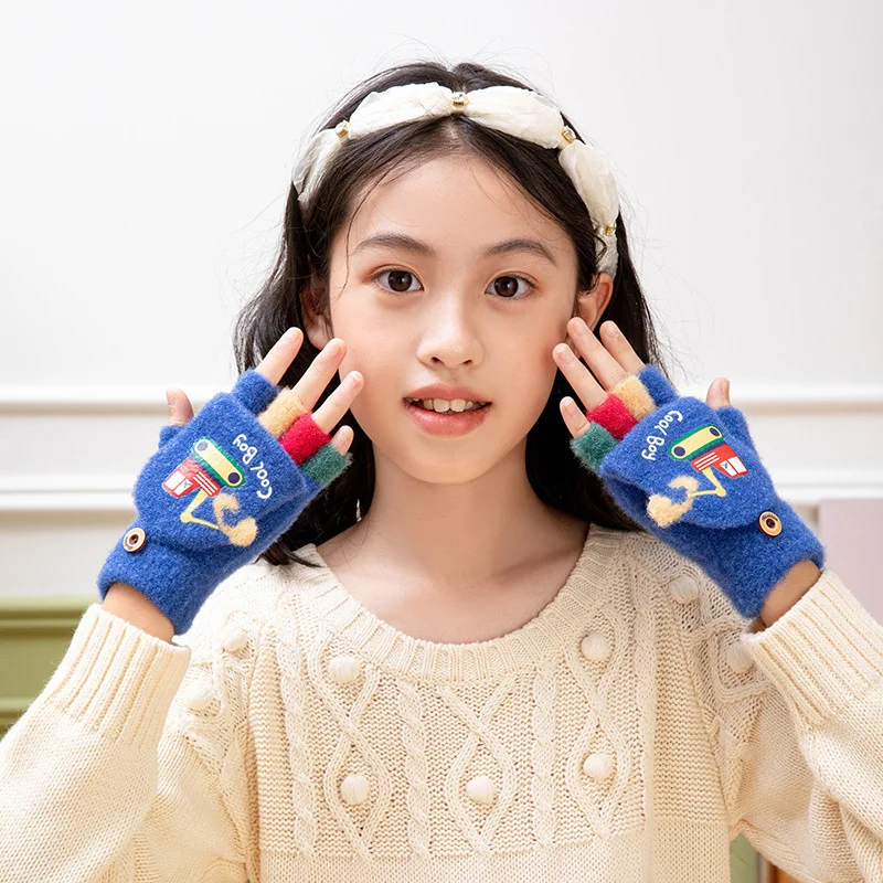 Guantes de dibujos animados para niños, manoplas de medio dedo, cálidos, a prueba de viento, para exteriores, Invierno