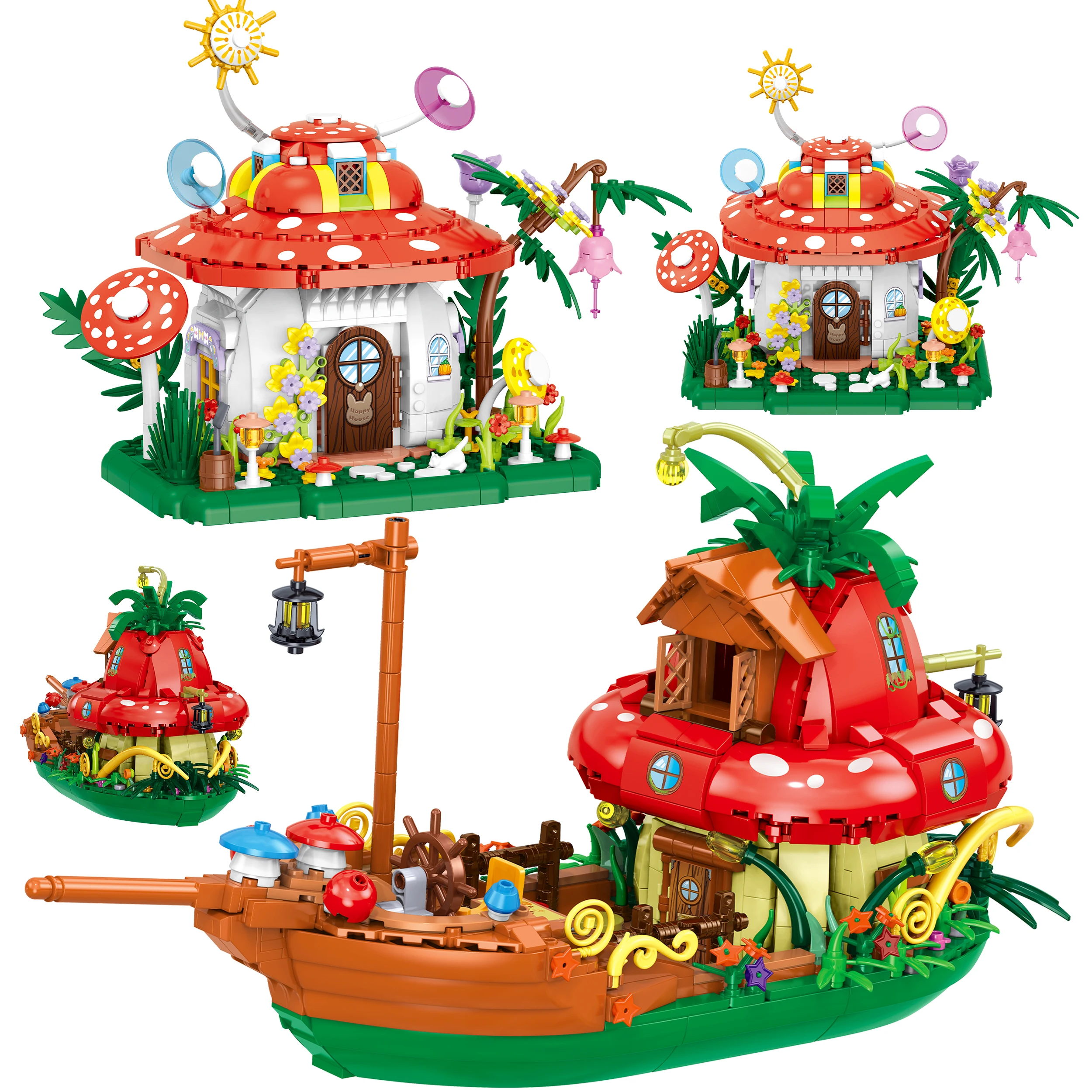 Creative Fairy Tales Mushroom House Boat City Street View Building Blocks Castle Model Mini Bricks Toys Kids Adult Gifts