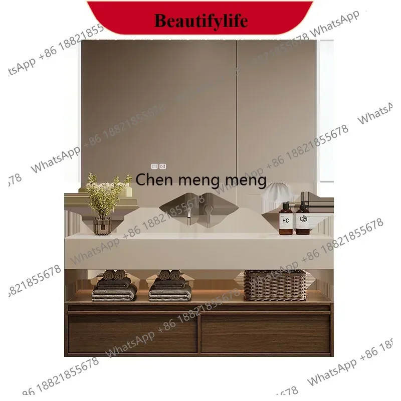 YL  Antique Bathroom Hand Wash Washbasin Bathroom Furniture Sets Solid Wood Bathroom Cabinet Rock Slab Seamless Integrated Basi