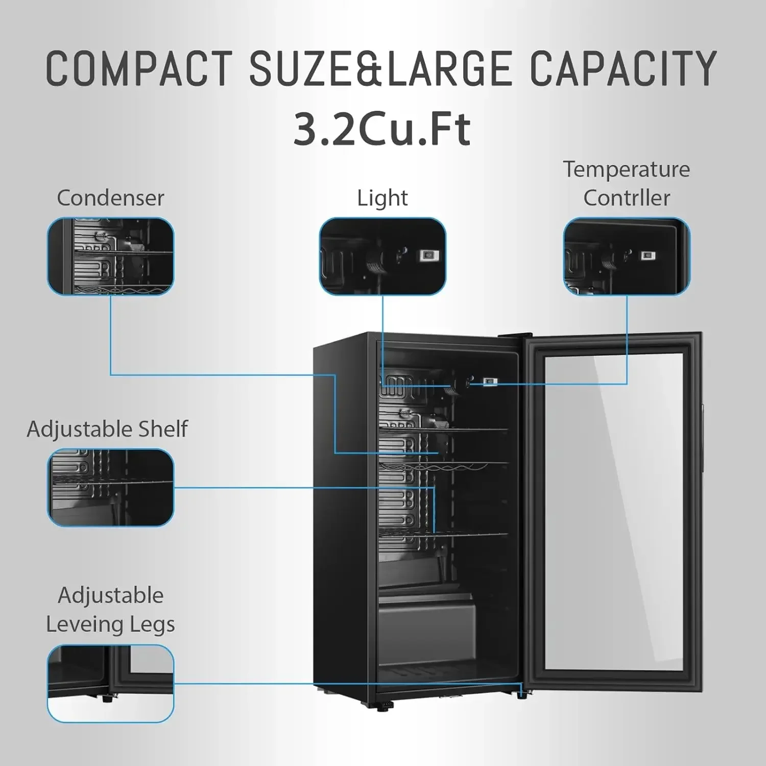 Beverage Refrigerator, 3.2 Cu. Ft, Mini Fridge with Glass Door for Soda Beer, Freestanding Beverage Cooler for Office,