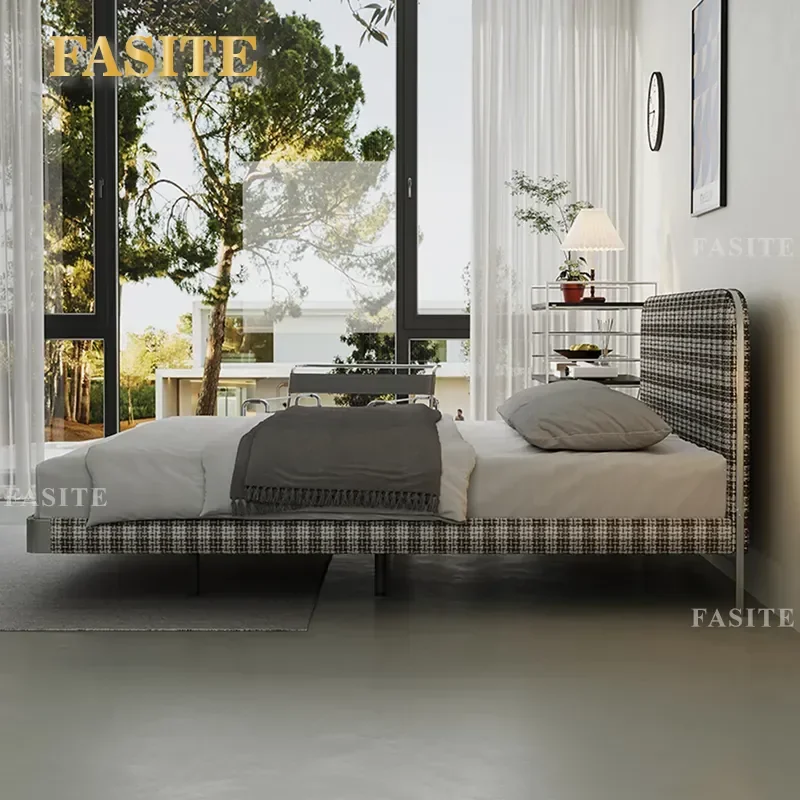 For Steel Frame Fabric Bed High End Carbon Steel Knitted Thin Headboard Modern Simple Double Bed for Master and Second