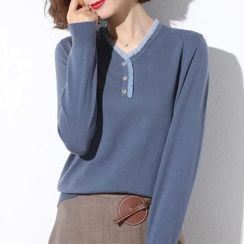 

Female Casual All-match Solid Color Patchwork Sweaters Fashion Loose Autumn Winter Long Sleeve Chic Button V-Neck Lace Jumpers