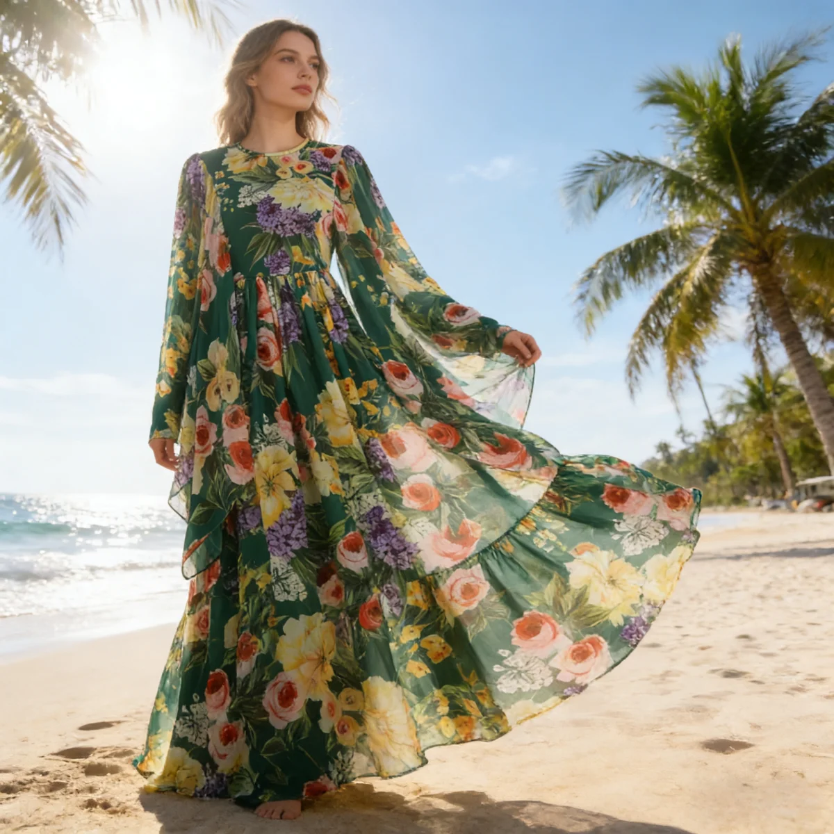 Luxury Floral Print Maxi Dress 2026 for Women – Elegant Summer Long Sleeve Vacation Party Dress, Designer Beach Boho Sundress