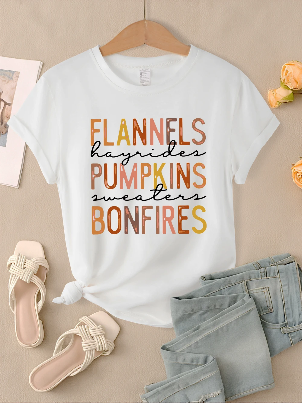 Flannels Pumpkins Bonfires Printing T Shirts Women Basics All-Match T-Shirt Summer Soft Short Sleeve Casual Woman Streetwear