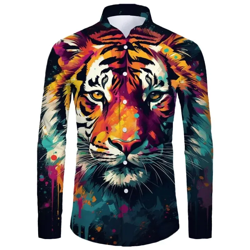 Hawaii Männer übergroße Casual Shirt 3D-Print Tiger Luxus Streetwear Kleidung für Langarm Revers Vintage Shirt Tops XS-6XL