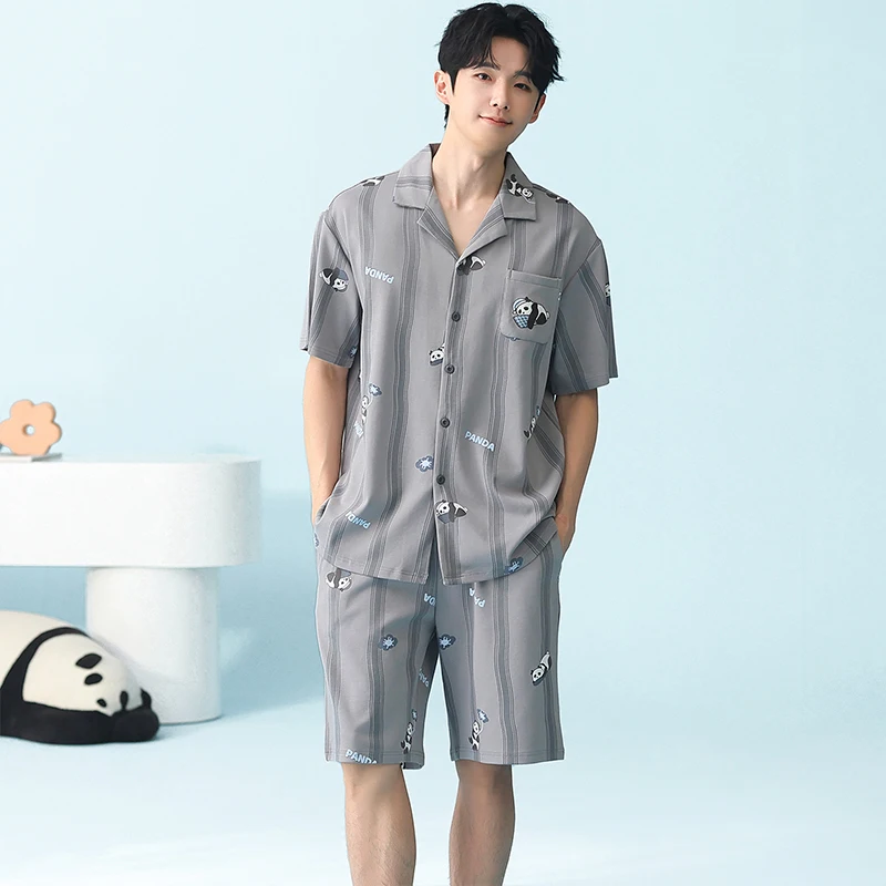 MiiOW 2 Piece Set Summer Men Pajamas Plus Size Short-Sleeve Shorts Sleepwear Pure Cotton Homewear Cardigan Man Printed Nightwear