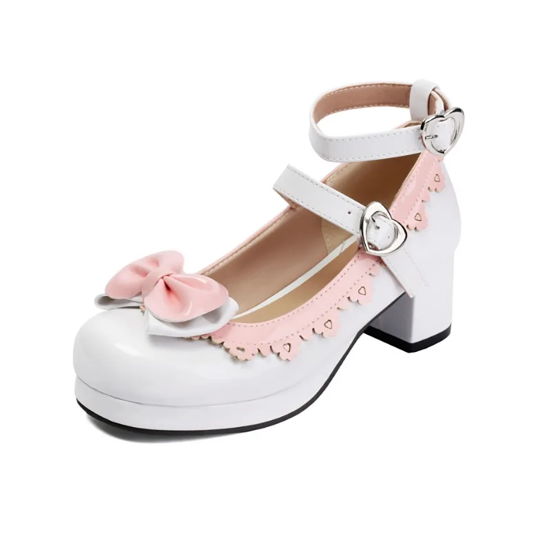 Sweet Bow Carved Lace Pumps Double Strap Square Toe Chunky High Heel Shoes for Women Spring Autumn 34-48 Plus Size Footwear