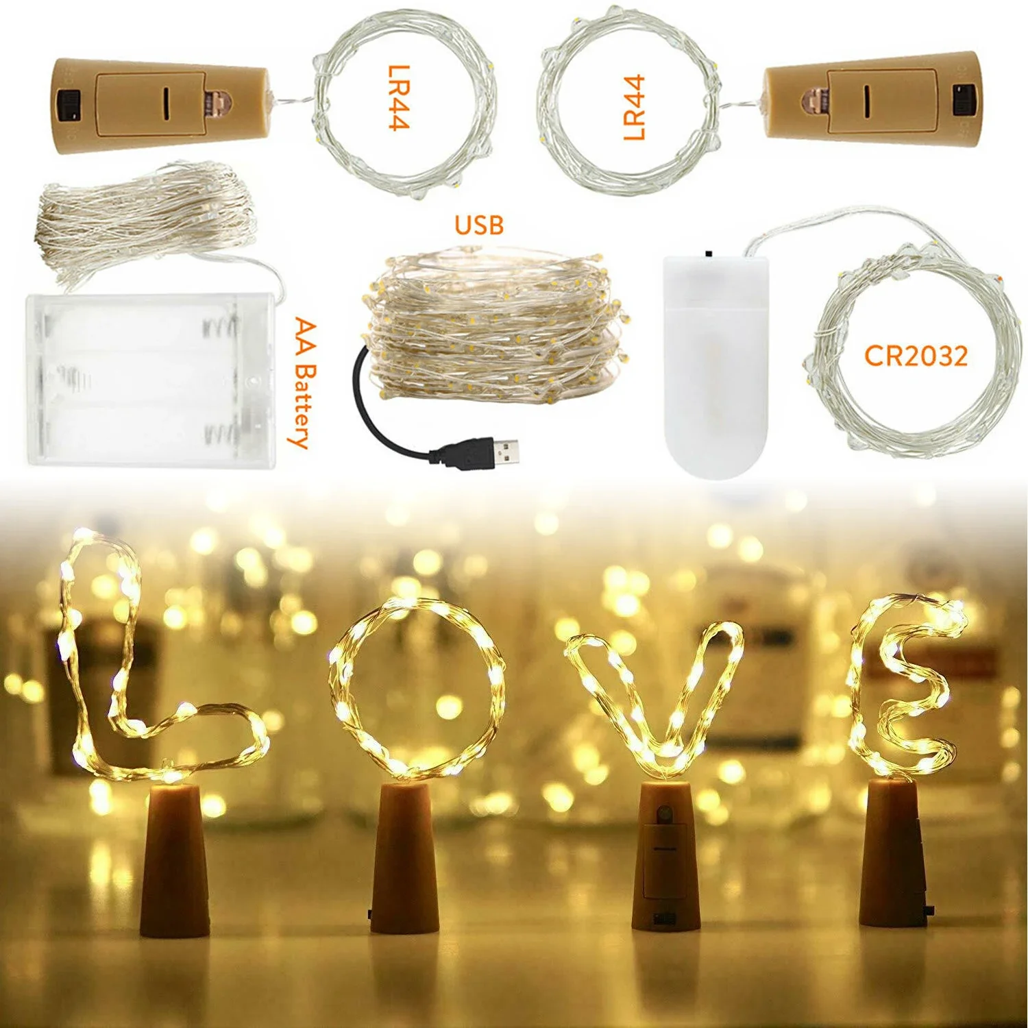 Guirxiété lumineuse LED en liège, 8 couleurs, 1m, 2m, 3m, lumières dégradées, guirlandes, lampe de vacances, batterie 62 pour Noël, nouvel an, décor de Noël