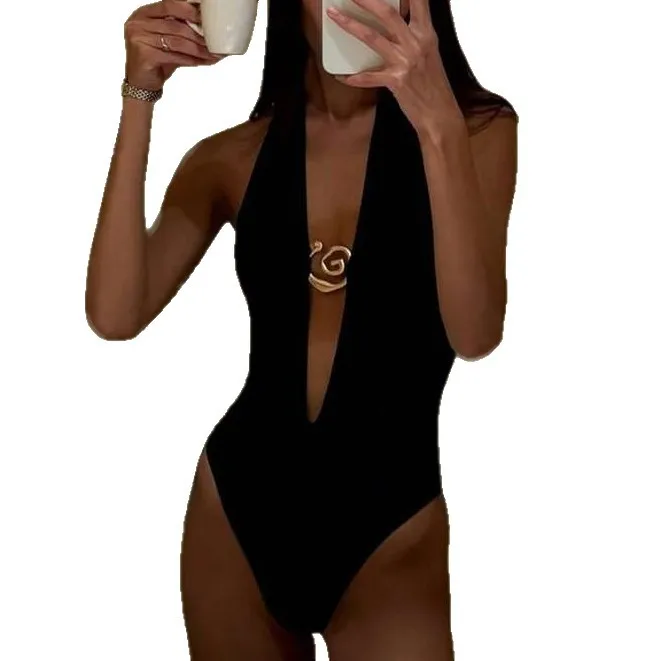 New Bikini Solid Color One-piece Neck Tie Swimsuit Sexy Deep V Bikini Women Bathing Suit Beach Style