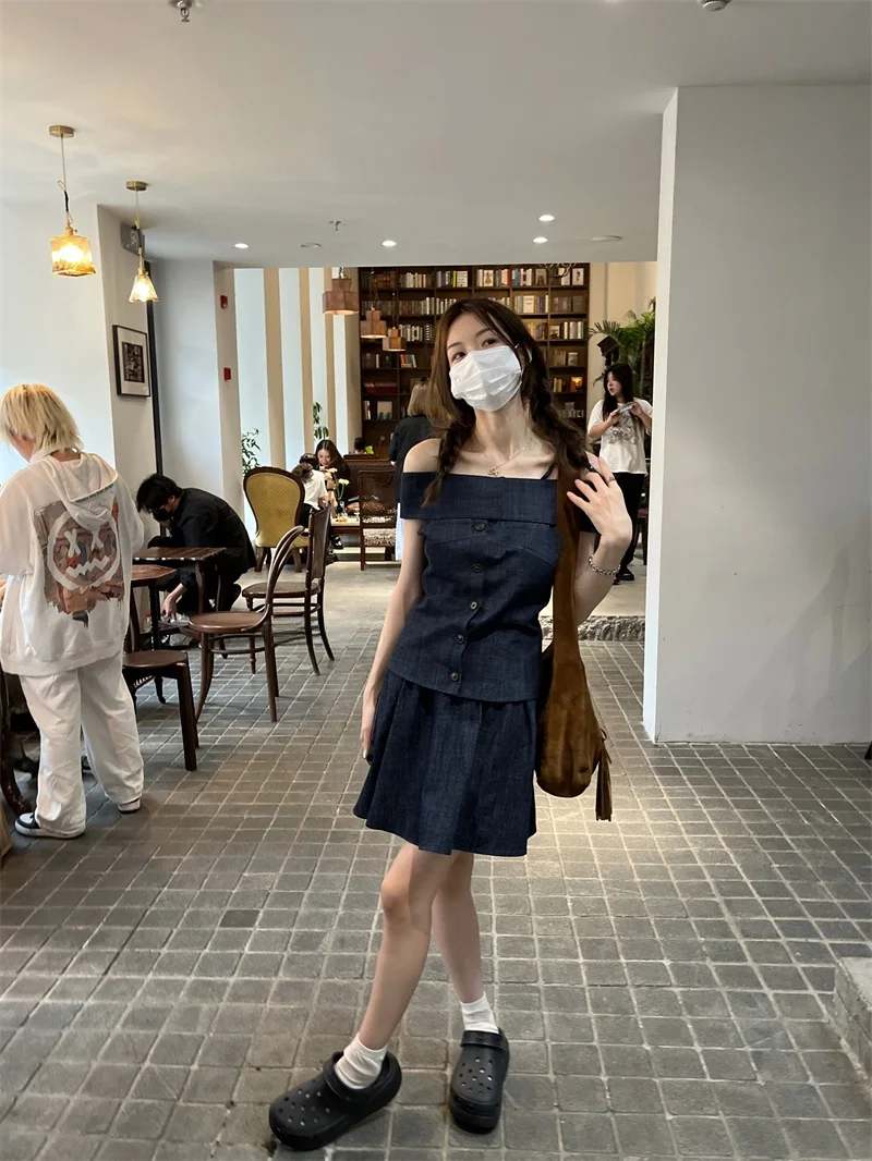 

Faionable Retro One oulder Top High Waist Slim A-Line Skirt Casual Two-Piece Set Women's Spring Summer Outfit