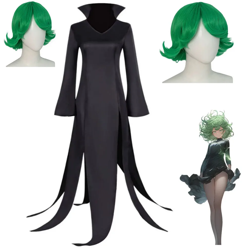 Disfraz de Anime One Punch-Man, vestido negro de manga larga con ventilación, peluca verde, vestido de baile enmascarado para fiesta de Carnaval para mujer adulta