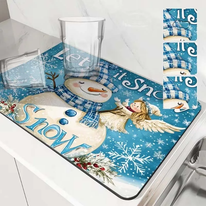 VIKAMA Diatomite Drying Mat, Super Absorbent Quick Dry Non-Slip Heat Resistant Kitchen Counter Let it Snow Snowman Angel