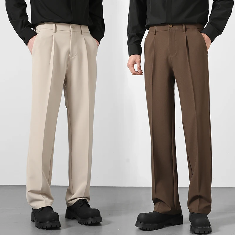 Herren Klassische Gerade Geschnittene Weite Anzughose mit Hoher Drapierung Elastischer Einfarbiger Business-Büro-Alltags-Freizeithose Braun Khaki Grau