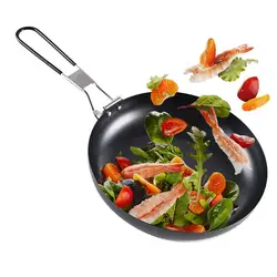 Outdoor Camping Stainless Iron Pan Non-Stick Frypan Cooking Pot With Folding Handle Portable Round Picnic Frying Pan For Camping