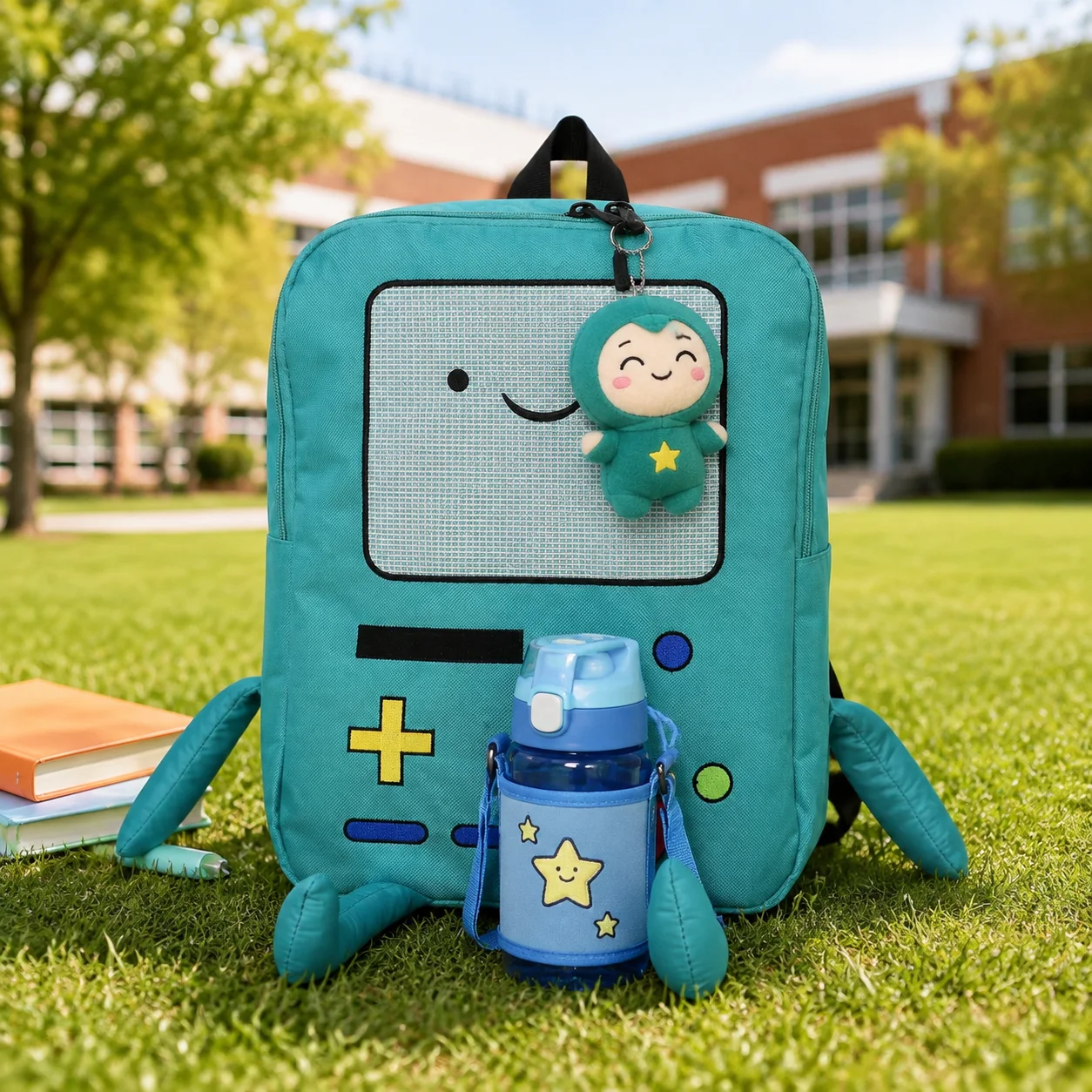 Kawaii 3D Robot 14 Inch Canvas Backpack Cute Unisex Student School Bag with Breathable Shoulder Straps Outdoor Daypack