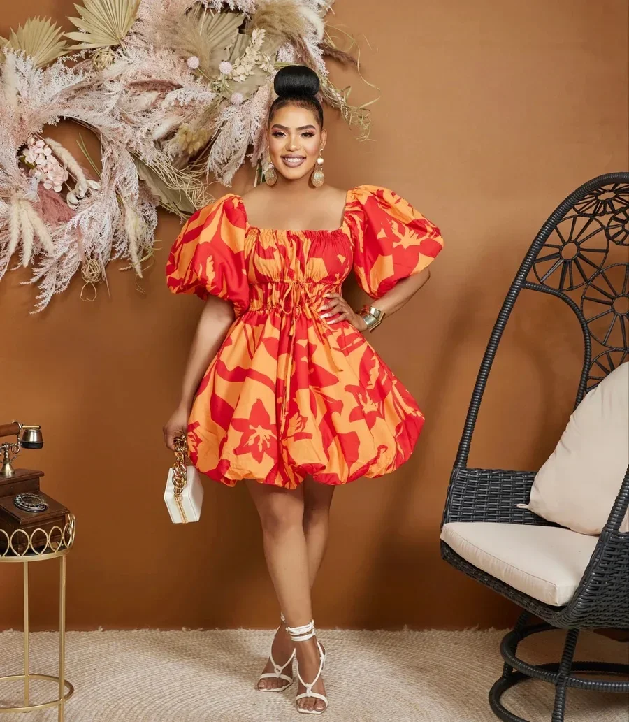 African Print Dresses for Women Summer Elegant African Off Shoulder Short Puff Sleeve Mini Birthday Evening Gowns African Dress