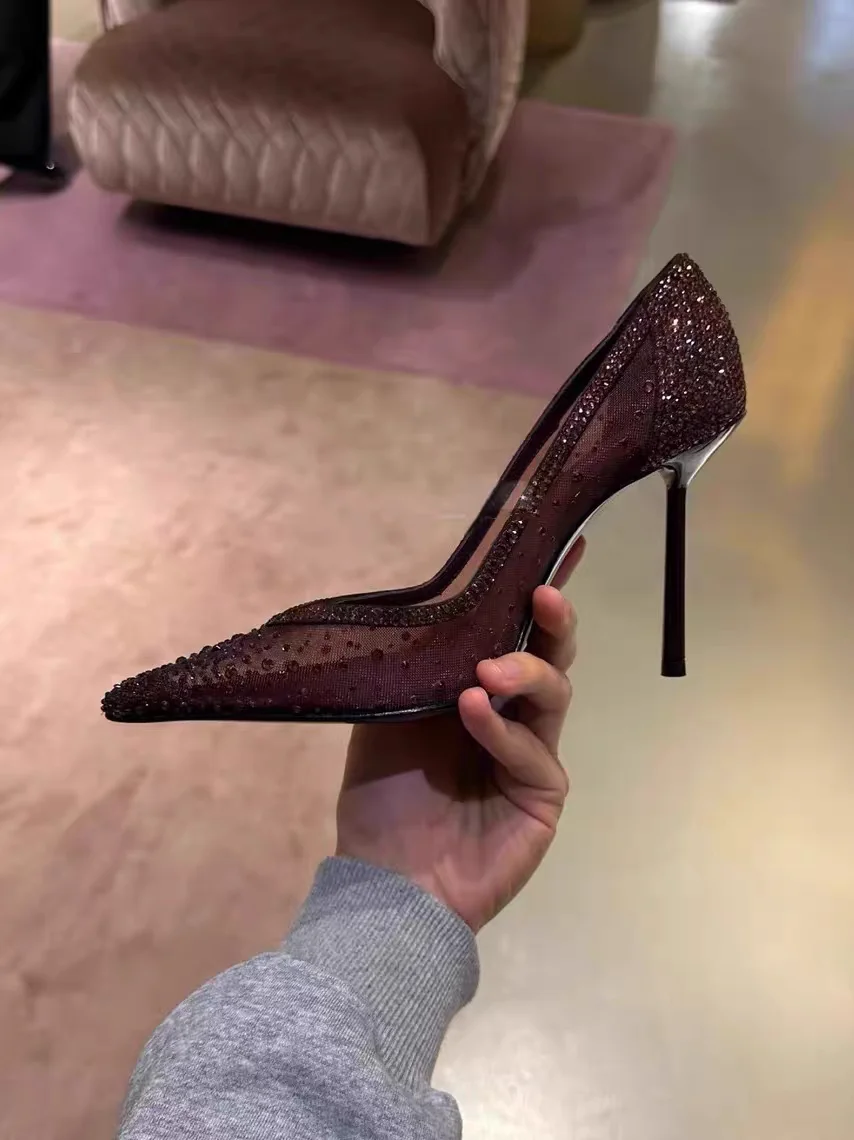 

Burgundy Air Mesh Crystal Pumps Sexy Pointy Toe Slip On Runway 2026 Spring Autumn Women Dress Shoes Shallow Stiletto Heels