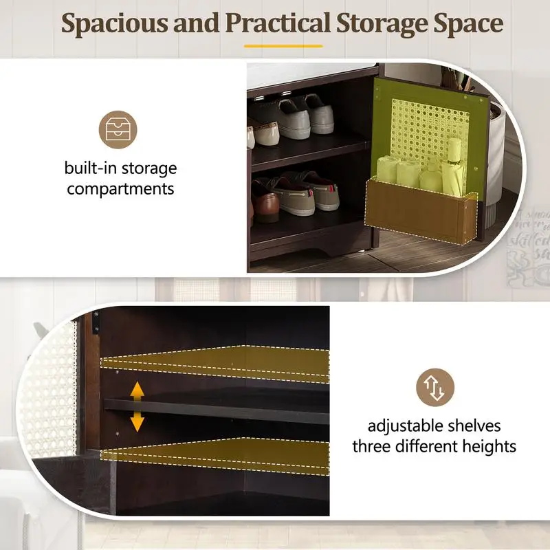 مقعد تخزين ريفي، مقعد أحذية خشبي متعدد الوظائف مع وسادة قابلة للإزالة، وأبواب الروطان المنسوجة وأرفف قابلة للتعديل #4