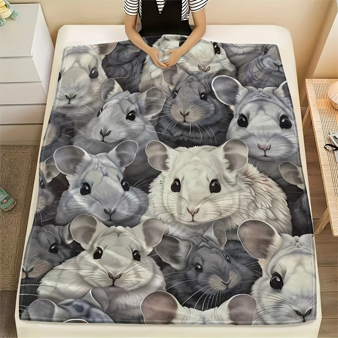 Dhakalrlde Soft Flannel Fleece Throw Blanket, Preppy Style Digital Print Chinchilla Pattern, Lightweight, Warm, Cozy, Polyester, With Knitted Craftsmanship, For Sofa, Travel, Outdoor, All Seasons, Perfect Comfort Gift For Everyone