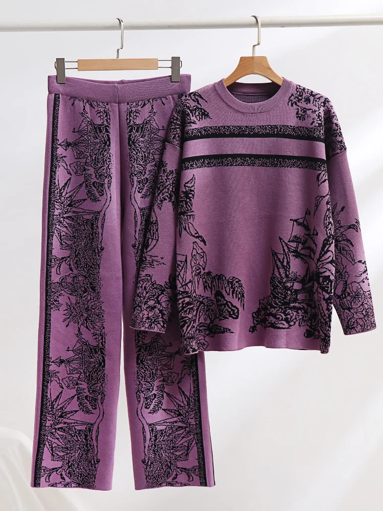 Women Printed Vintage Two Piece Sets Auutmn Winter Loose Long Sleeve Sweater and High Waisted Straight Pants Knitted Suits