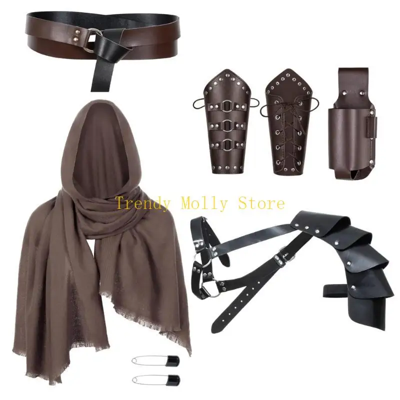 

N5KB Medieval Knight Costume Accessories Set with Faux Leather Belt Bracers Shoulder Armors Cape Scarf for Renaissances Fairs
